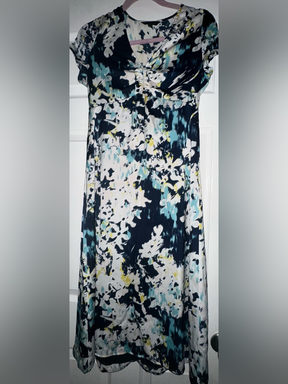 Banana Republic Abstract Print Midi Dress in Black, White, Teal, Yellow